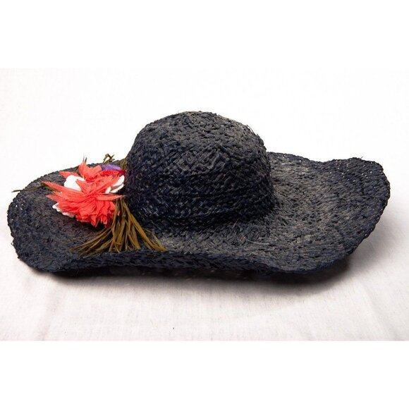 Vtg 1950\'s Women\'s Hand Woven Straw Hat Navy Blue With Hand Sewn Multi Colored
